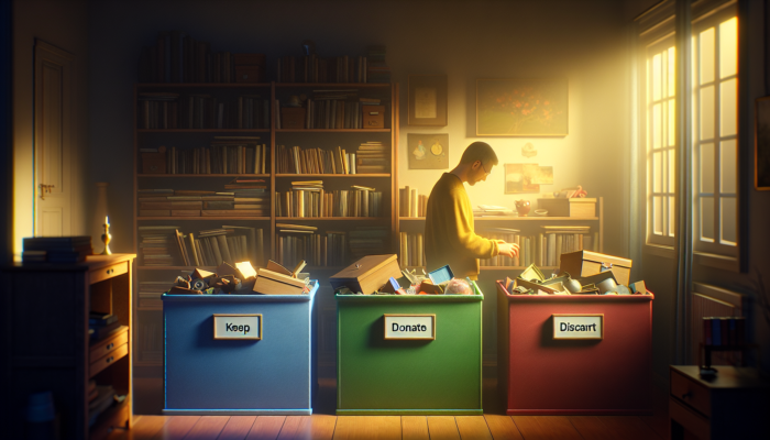 Individual sorting sentimental items into 'keep', 'donate', 'discard' boxes, reflecting in a softly lit room.