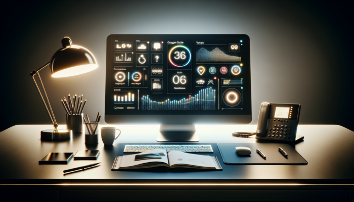 A modern office desk with a computer showing Google Voice, surrounded by business communication tools.