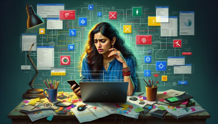 Person troubleshooting Google Voice on laptop, surrounded by manuals and smartphone with error messages, looking frustrated yet determined.