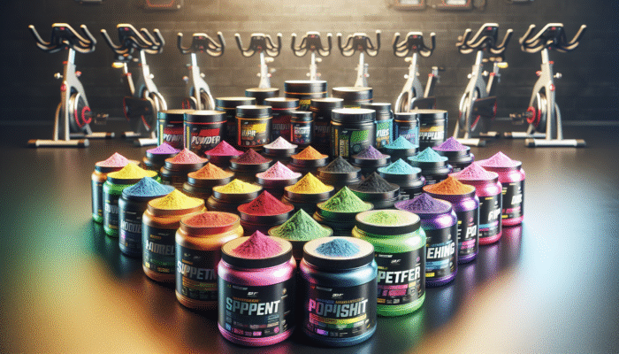 An array of colourful pre-workout supplements on a gym floor, with spin bikes in the background.