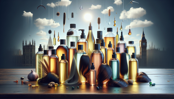 Bottles of hair oils on a wooden table, labelled with benefits for various hair types against a backdrop of UK weather.