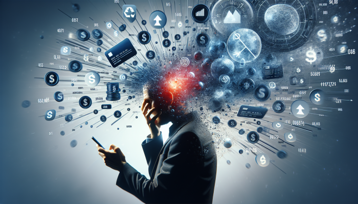 Debt Consolidation Loans for Overdraft Debt: Your UK Solution | DCL Individual reviewing bank account on a smartphone, surrounded by floating bank statements and concerning red numbers, indicative of the stress caused by overdraft debt.