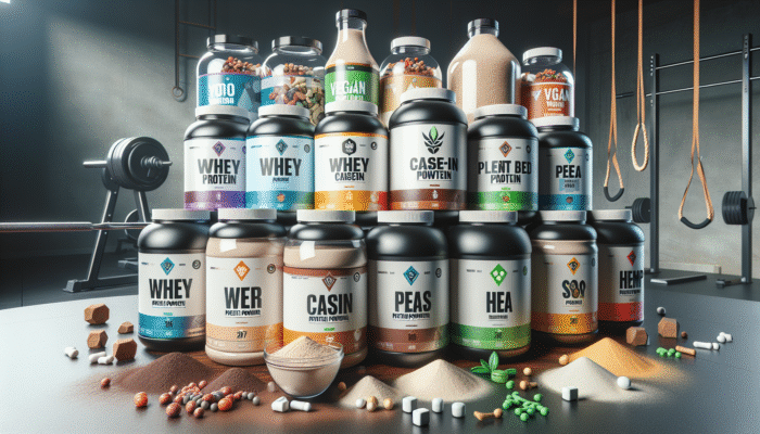 A variety of protein powders displayed on a table, featuring whey, casein, plant-based options, gym equipment, and vegan symbols.