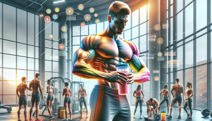 Athletes in a contemporary gym enjoying colourful protein shakes, showcasing muscle growth and recovery following workouts.