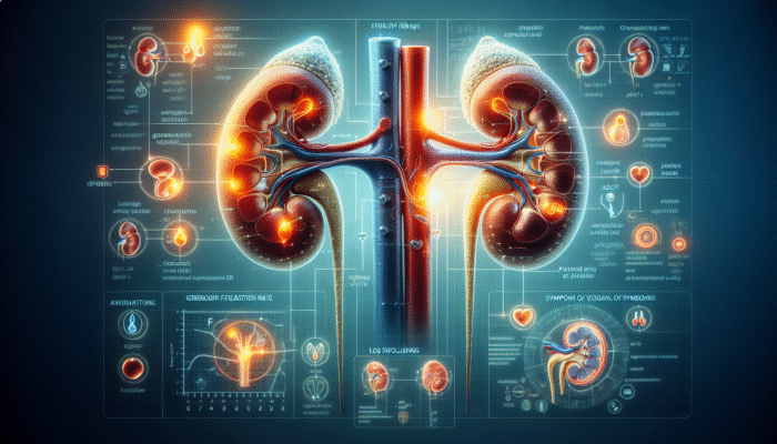 Illustration of kidneys displaying health indicators including GFR, creatinine, urine protein, and symptoms like fatigue, leg swelling, and altered urination.
