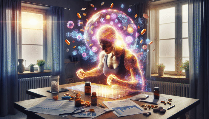 Individual at home exercising, surrounded by vitamin C and zinc supplements, with a glowing aura symbolising a fortified immune system.