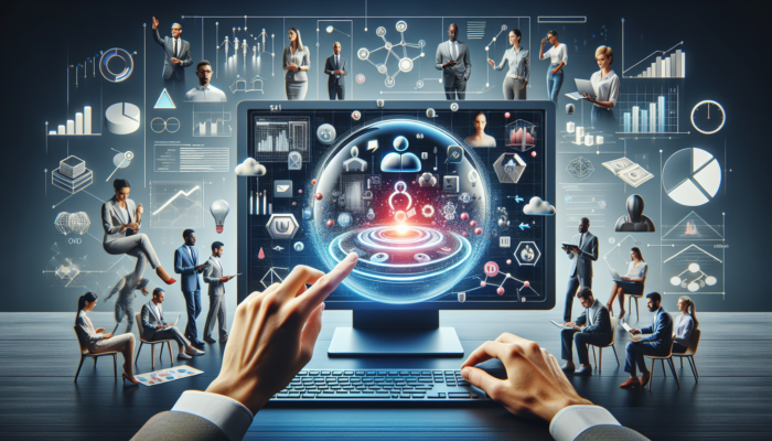 A digital workspace showcasing Google My Business on a computer screen, with experts collaborating on strategies for improving online visibility.