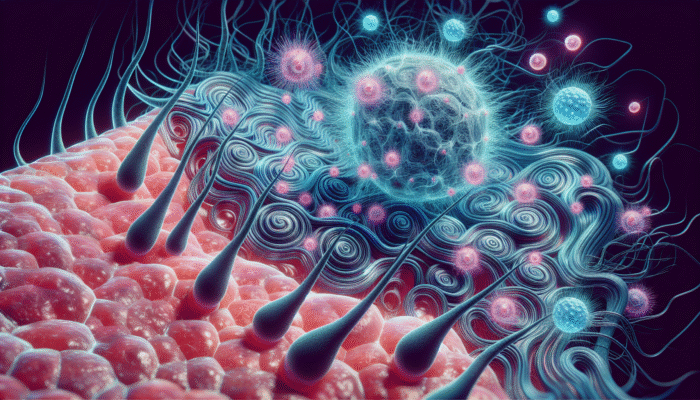 Understanding the Impact of Stress on Hair Health: Microscopic view of hair follicles affected by cortisol and adrenaline due to chronic stress.
