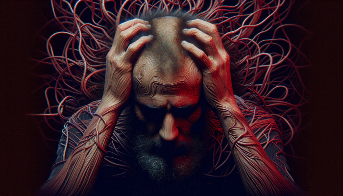 A person with thinning hair, feeling stressed, surrounded by red lines symbolising chronic stress, dark background.