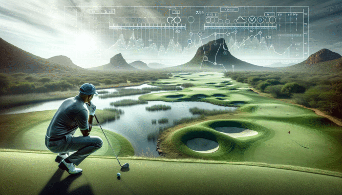 Perfecting Your Golf Swing Fundamentals: Golfer at Leopard Creek analysing course layout, focusing on water hazards and green undulations for strategic play.