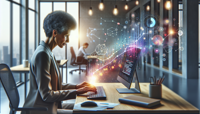 Business owner analysing customer data on a computer screen with Google Business Profile Manager insights, graphs, and charts.