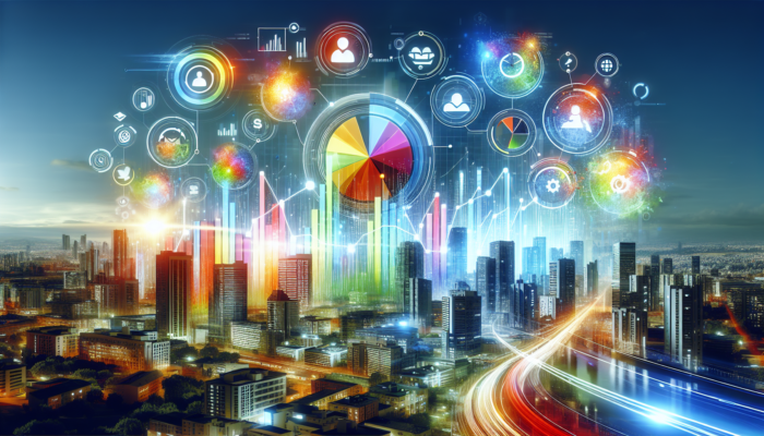 A vibrant Bing business profile with graphs indicating increased traffic and trust, set against a lively city backdrop.