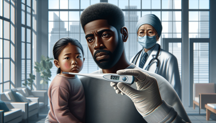 Digital thermometer displaying quick reading, parent checking child's temperature, doctor in background, modern home.