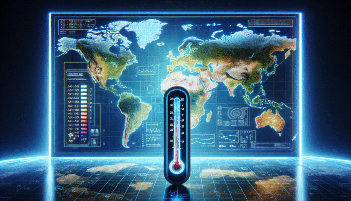 Digital thermometer displayed on a global map, indicating consistent readings across climates for standardised healthcare monitoring.