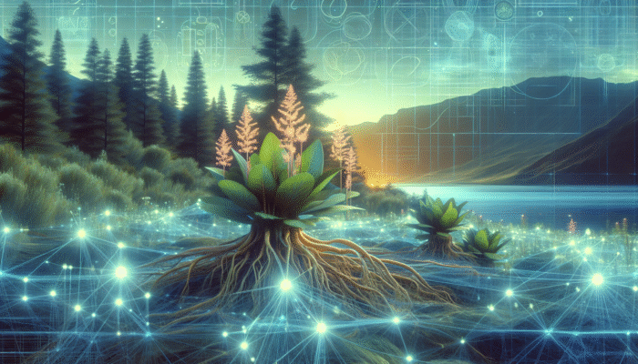 Adaptogens and Cortisol Studies: A serene landscape with glowing herbs and roots like Rhodiola Rosea, symbolising adaptogens, against ancient cultural symbols.