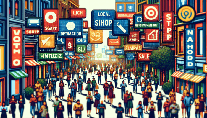 A bustling city street with shops utilising local SEO signage, attracting mobile users and increasing sales.