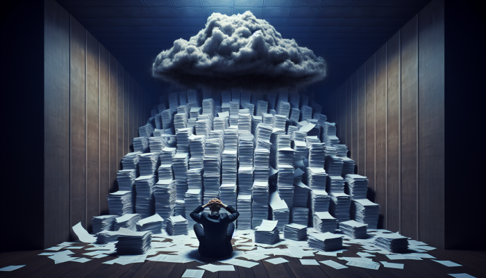 A person overwhelmed by debt, surrounded by bills, with a dark cloud symbolising anxiety and depression.