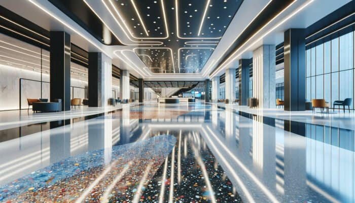 Colourful epoxy terrazzo flooring in a modern commercial space, reflecting light and showcasing durability.