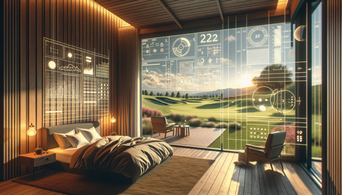 Cozy golf resort room featuring plush bedding and a scenic view of lush green fairways.