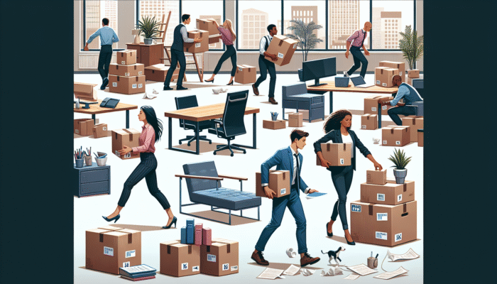 Workers packing and moving office furniture urgently, signs indicating extra fees for urgent services and specialised disposal in a modern UK office.
