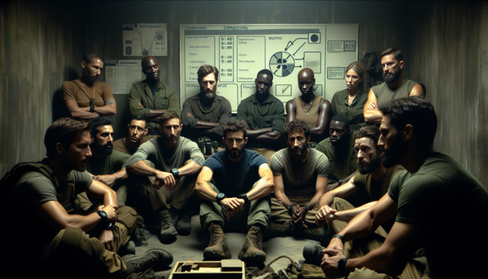 A diverse group of preppers in a bunker, showing varied non-verbal cues during a tense discussion.
