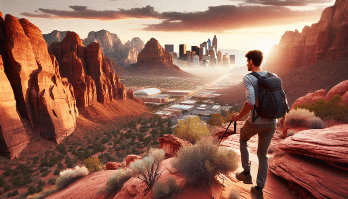 A solo traveller hiking in the red rock desert near Las Vegas, experiencing tranquility and an adrenaline rush.
