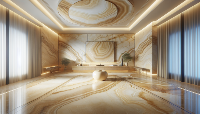Stylish travertine tiles in soft cream to rich golden beige hues with unique vein patterns in a sophisticated interior.