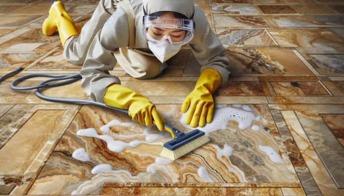 A close-up of well-kept travertine tiles with a person using cleaning tools, highlighting the necessity of regular upkeep.