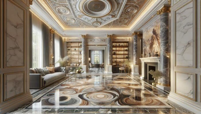 Luxurious marble flooring in a high-end Midlothian home, enhancing sophistication with diverse hues and natural veining.