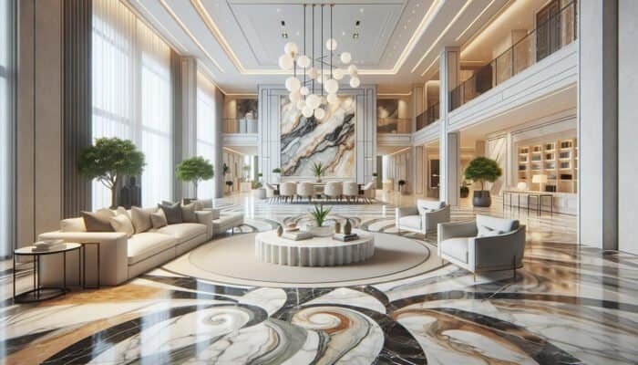 An opulent Midlothian home interior featuring Carrara, Calacatta, and Statuario marble showcasing their individual patterns and colours.
