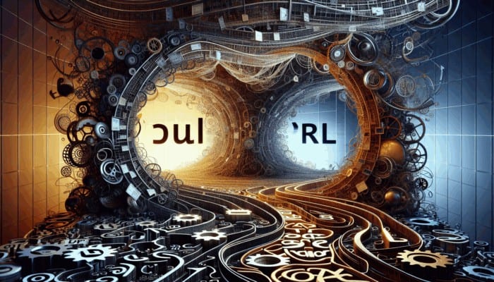 A computer screen displaying a clear static URL versus a complex dynamic URL, with SEO tools visible in the background.