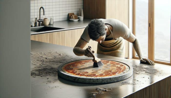 A person cleaning a pizza stone with a dry brush to remove burnt remnants for a perfect crust.