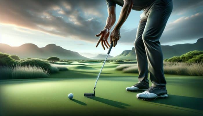 Expert tips for golf putting fundamentals: A golfer showcasing the 'reverse overlap' grip on a putter to enhance control on South African greens.