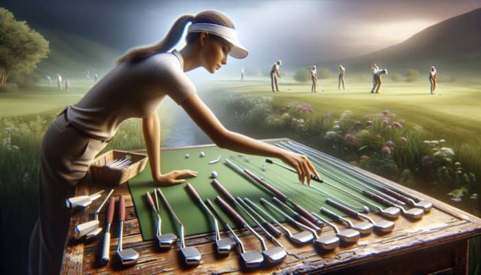A golfer selecting a putter from an array on a wooden table amidst a lush green landscape.