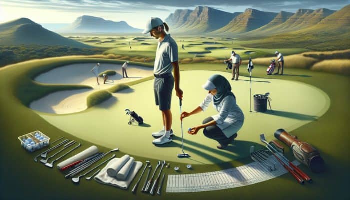 A golfer in South Africa receiving a custom putter fitting on diverse terrain, enhancing putting accuracy.