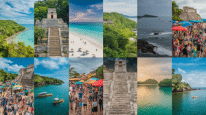 A collage of 12 images showcasing stunning beaches, ancient stone ruins, lush green landscapes, ocean vistas, bustling festivals with market stalls, boats on the water, and people enjoying sandy shores under clear skies—ideal for a Belize travel guide.