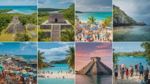 A collage of eight images featuring ancient Mayan ruins, busy beaches, clear turquoise waters, a lively marketplace with colourful umbrellas, tourists, and tropical landscapes under the sunny and partly cloudy skies of Belize.