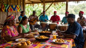 A group of people gather at a table laden with various traditional Garifuna food and drinks, while musicians dressed in colourful clothing play drums and guitars. This scene captures the vibrant spirit of Garifuna culture in an outdoor setting, adorned with vibrant tablecloths.