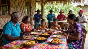 A family gathers around a colourful table outdoors in Belize, enjoying Garifuna food together. In the background, musicians play drums and other instruments under a thatched roof, reflecting the vibrant Garifuna culture. Everyone appears relaxed and joyful.