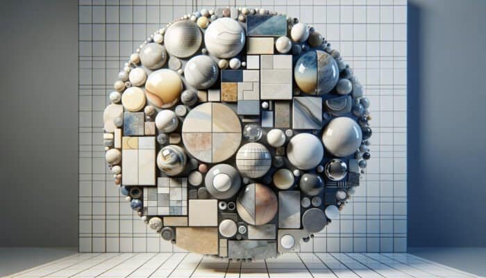 A variety of porcelain tiles: glazed, glossy and water-resistant; unglazed, natural texture; polished, smooth and reflective, displayed in a busy area.
