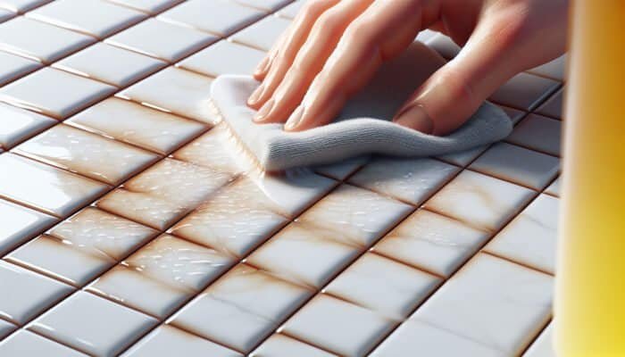 Porcelain tiles with hard water stains being cleaned with a vinegar-soaked cloth, restoring their sheen.