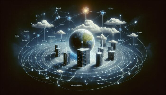 Utilising Content Clusters for Hosting SEO: A digital diagram illustrating a content cluster with "Web Hosting" as the central theme linked to "Shared Hosting," "VPS Hosting," and "Dedicated Hosting" branches.