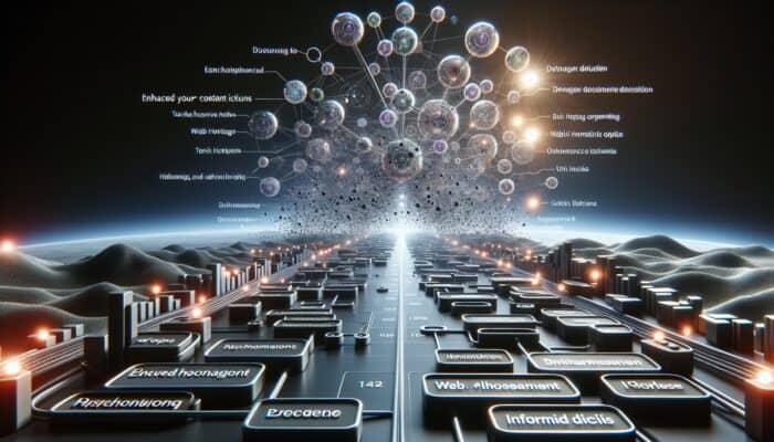 A digital landscape depicting interconnected nodes representing a content cluster, guiding users through web hosting choices and technical insights.