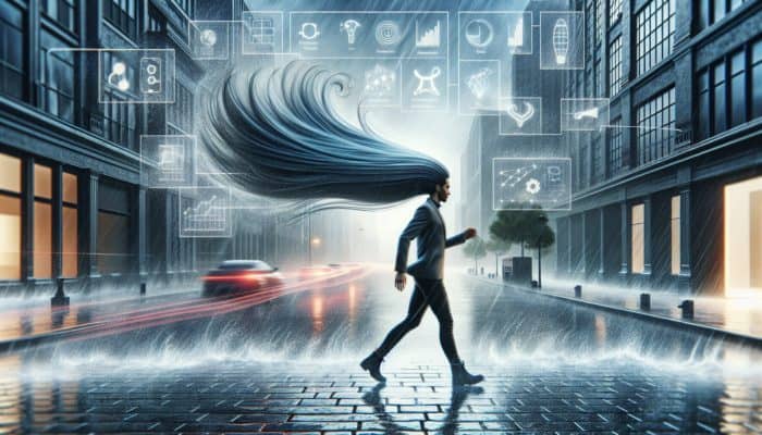 Individual with sleek, frizz-free hair confidently strolling through a windy, rainy city, highlighting the effects of an ionic dryer.