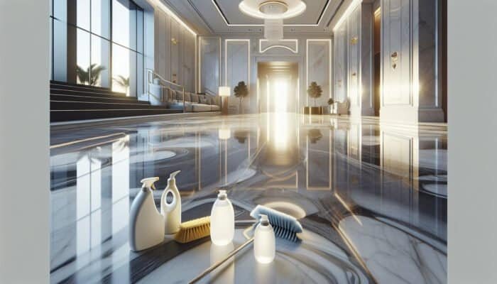 Luxurious marble floor in a Cottenham Park home, gleaming, with cleaning tools, highlighting maintenance importance.