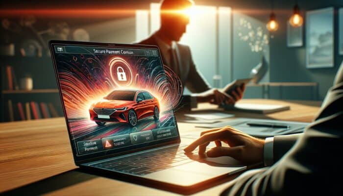 A person finalising a car rental booking on a laptop, choosing a red car on a website, in a modern room.