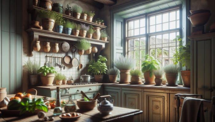 UK kitchen adorned with pots of basil, rosemary, and thyme on a windowsill, elevating family meals.