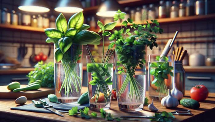 Glasses of water with fresh herbs such as basil, cilantro, and parsley, stems trimmed, in a UK kitchen.