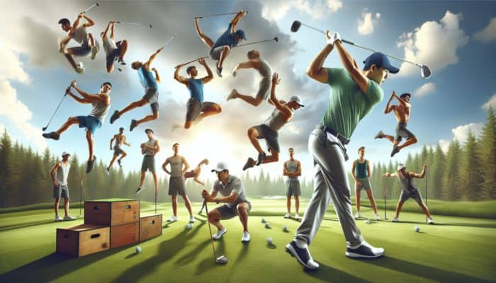 Golfer mid-swing on a green course, surrounded by dynamic plyometric drills enhancing muscle power and speed.