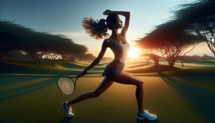 Golfer executing dynamic arm circles and leg swings at dawn, then static stretches at dusk on a lush course.